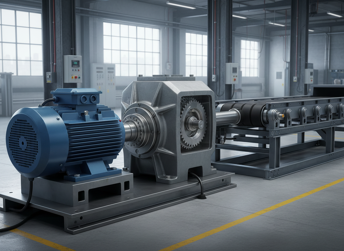 Conjunto motor redutor e esteira para estudo de trabalho, energia e potência